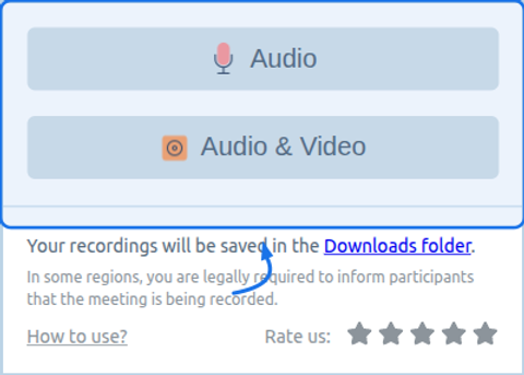Browser toolbar with Meeting Recording popup open; arrow points at Audio and Audio & Video options.