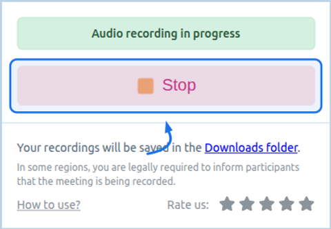 Meeting Recording popup with Stop highlighted while recording is in progress.